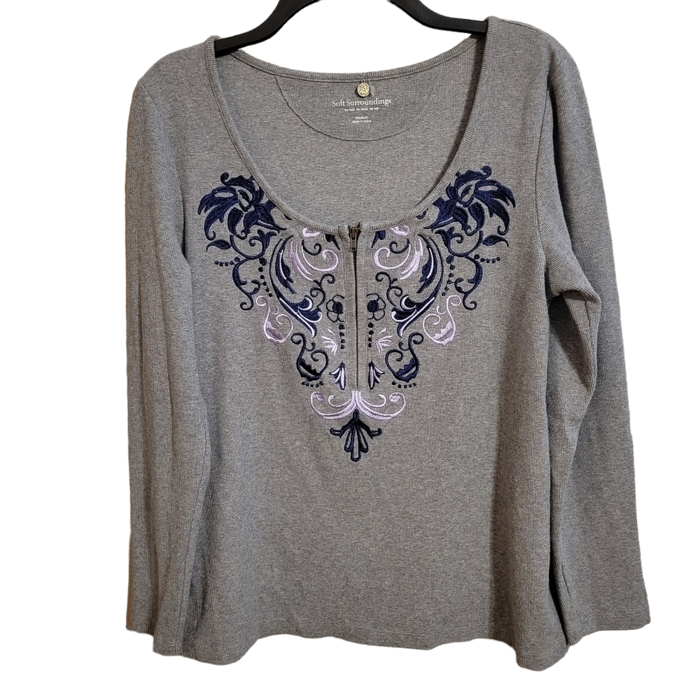 Soft Surroundings Embroidered Zip Front Long Sleeve Top